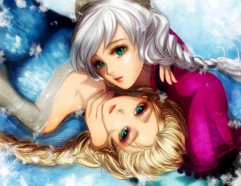 Anna and Elsa, anna, elsa, manga, winter, esther, girl, anime, princess, frozen, pink, disney, blue, HD wallpaper