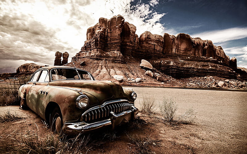 abandoned car, desert, old cars, offroad, mountauns, USA, America, HD wallpaper