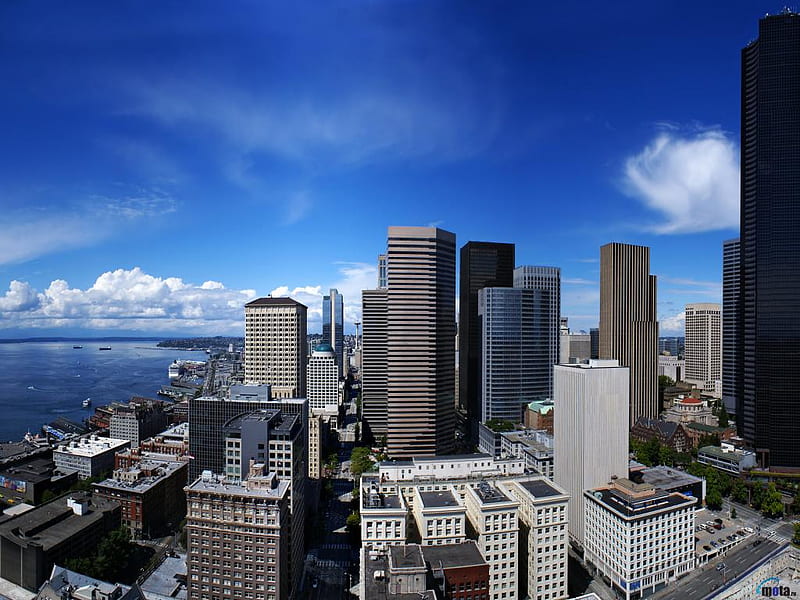 Skyscrapers-in-Seattle-Washington-USA, architecture, usa, seattle, buildings, clouds, sky, HD wallpaper