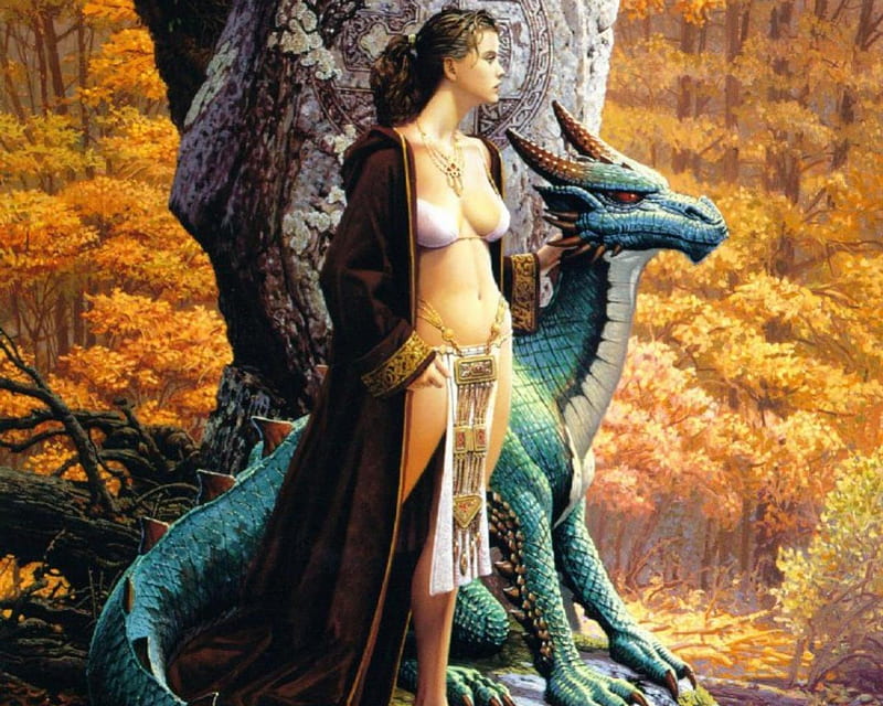 Princess And Dragon, art, trees, dragon, princess, woman, horns, HD wallpaper
