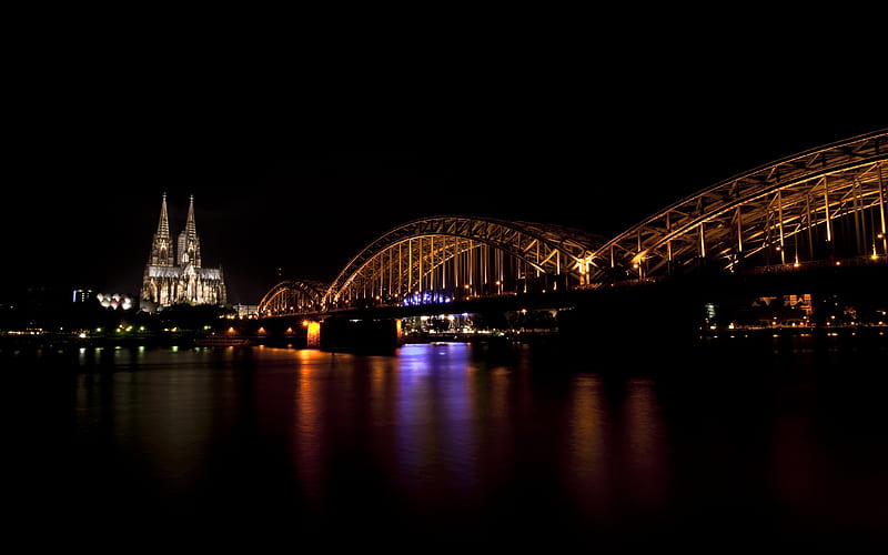 Cologne by Night, architecture, cathedral, bridges, river, bonito, lights, night, HD wallpaper