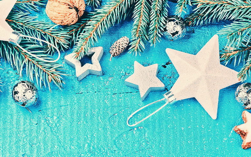 Xmas decoration, fir branches, Christmas, star, blue background, Merry Christmas, golden decorations, silver balls, Happy New year, HD wallpaper