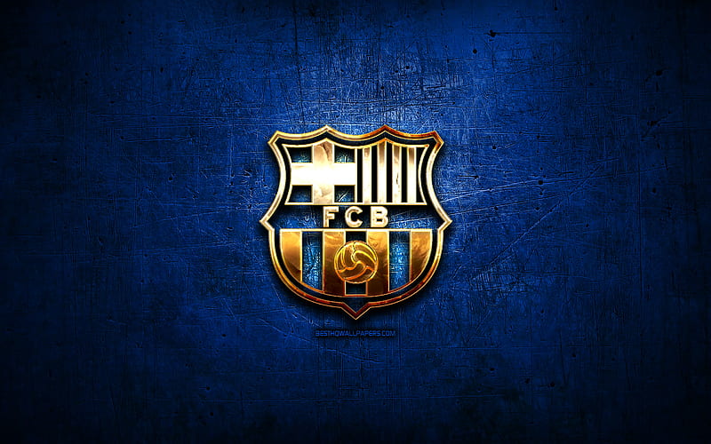 Barcelona FC, golden logo, LaLiga, blue abstract background, soccer, spanish football club, Barcelona logo, football, Barcelona, FCB, Spain, La Liga, HD wallpaper