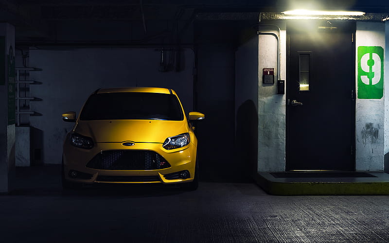 Ford Focus RS parking, 2018 cars, tuning, yellow Focus, Ford, HD wallpaper