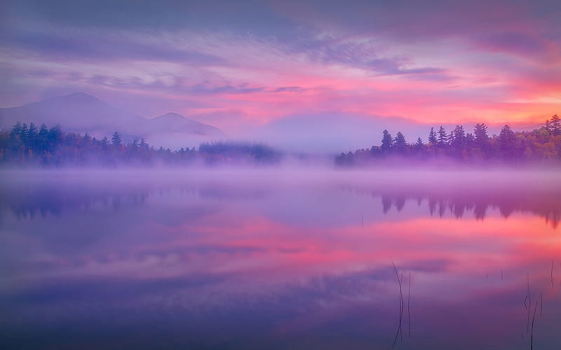 Earth, Fog, Adirondack Park, Dawn, Lake, Morning, Mountain, Reflection, HD wallpaper