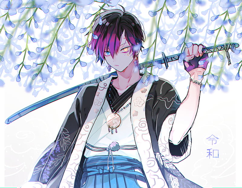 anime boy, katana, shoujo, flowers, Anime, HD wallpaper