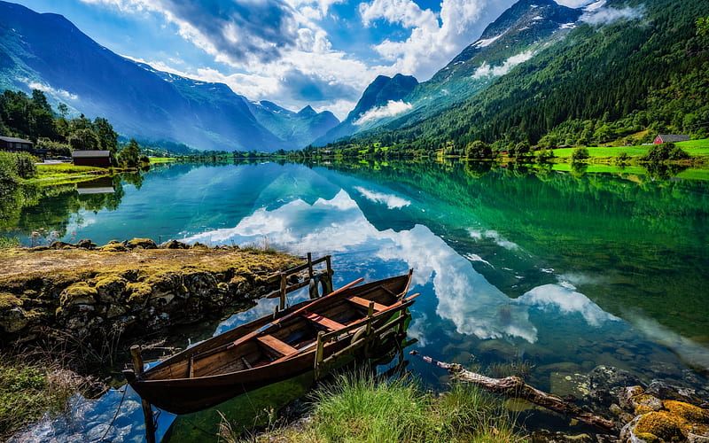mountain lake, morning, summer, mountain landscape, wooden boat, clear water, Sogn og Fjordane, Norway, HD wallpaper