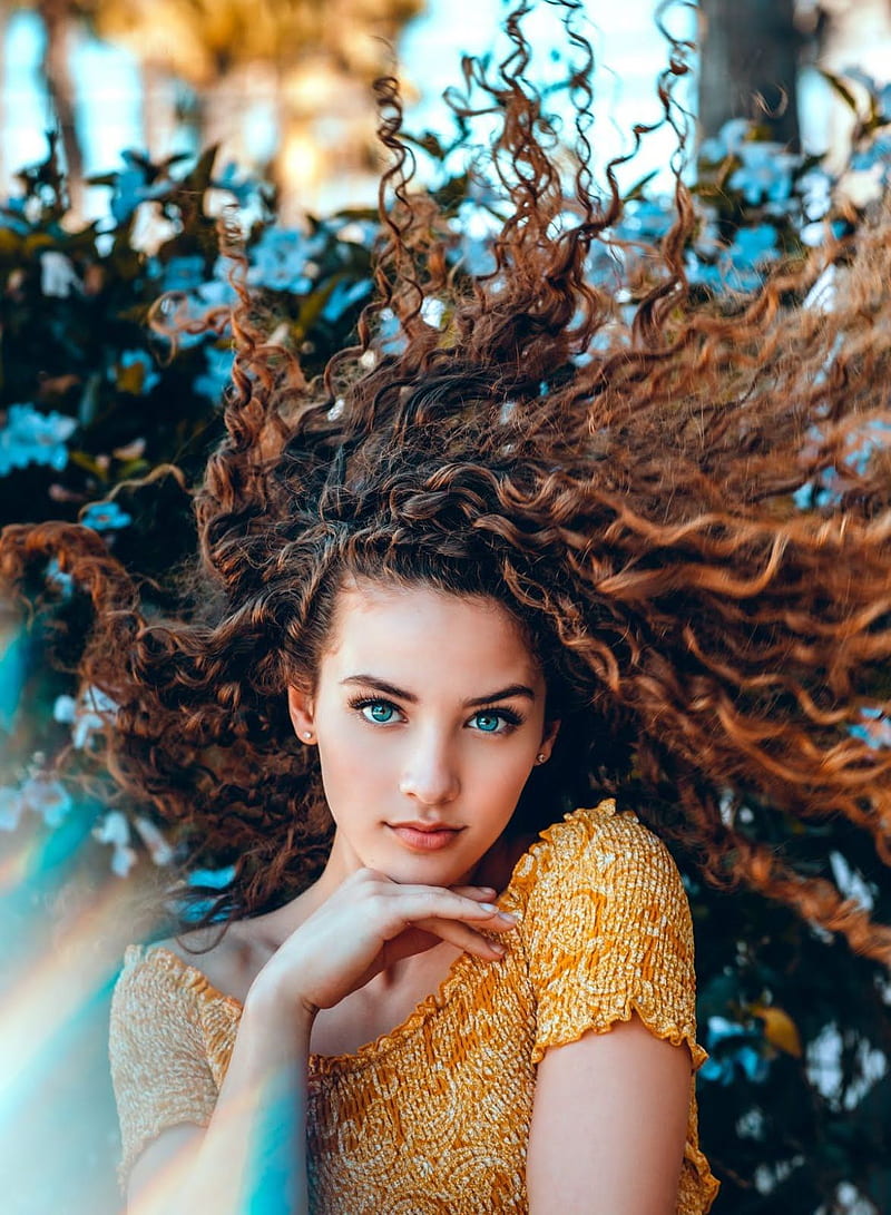 women, model, redhead, long hair, Sofie Dossi, curly hair, face, portrait display, blue eyes, yellow tops, depth of field, hands, looking at viewer, HD phone wallpaper