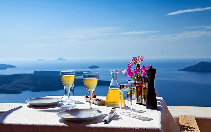 Romance, resort, summer time, view, glasses, sky, clouds, sea, Greece, paradise, Santorini, summer, flowers, nature, HD wallpaper