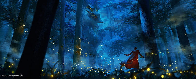 Deep into the forest, elle shengxuan shi, forest, luminos, elle, man, deer, tree, fantasy, night, blue, HD wallpaper