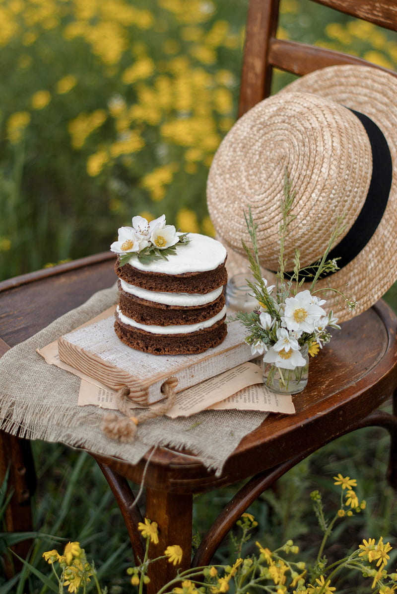 cake, dessert, jasmine, flowers, hat, still life, HD phone wallpaper