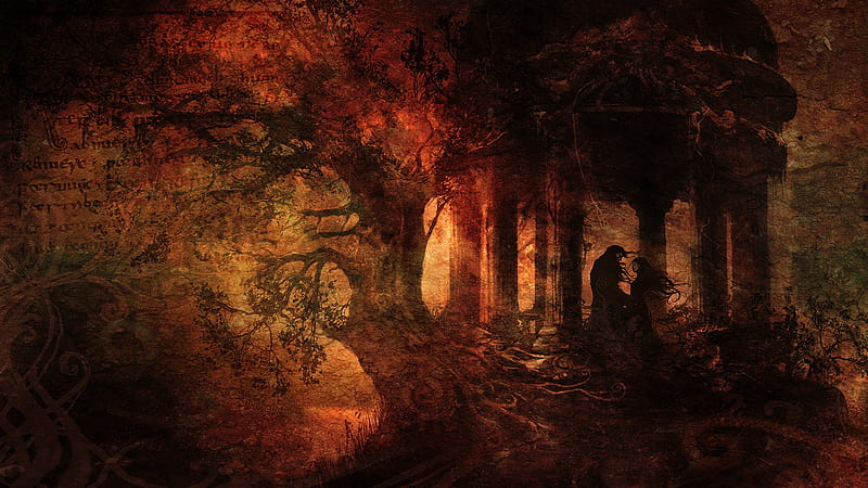 Fabled Ruins, tree, grunge, castlevania, grungy, ruins, sinister, trees, gazebo, HD wallpaper