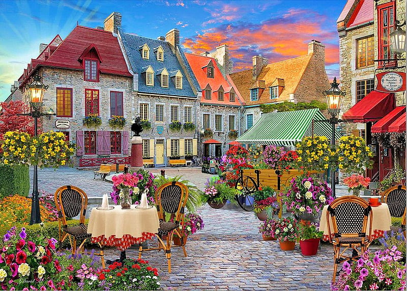 Village Square, lantern, restaurant, houses, benches, digital, flowers, artwork, tables, sunset, sky, HD wallpaper