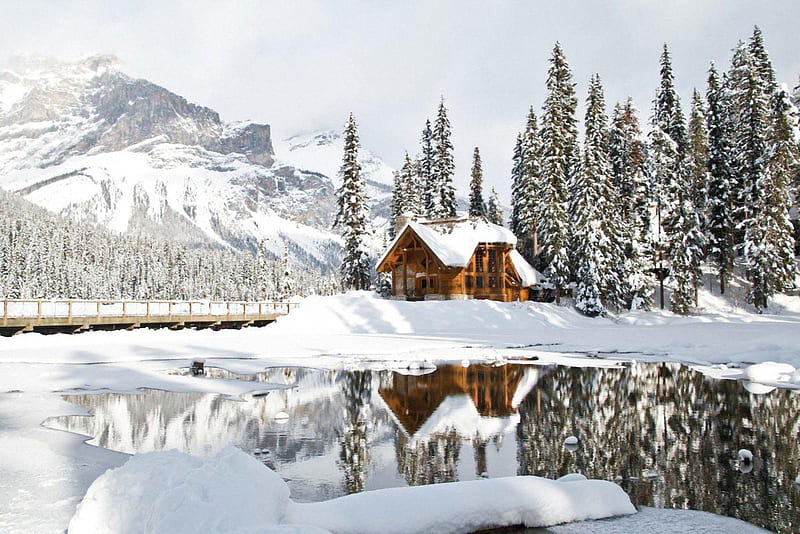 Cozy Cabin in Yoho National Park, British Columbia, water, snow, mountains, reflections, trees, canada, lake, HD wallpaper