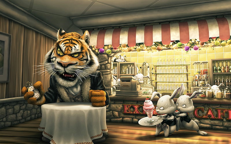 Hungry, restaurant, anime, bunny, tiger, funny, cartoon, HD wallpaper