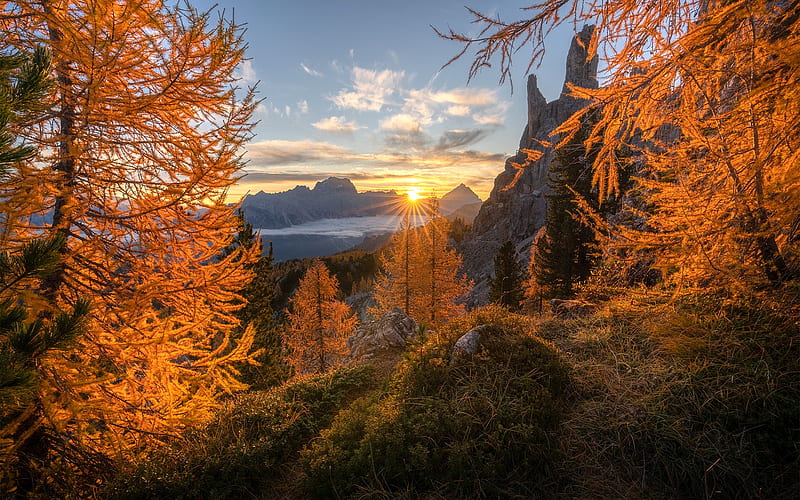 Autumn in the Dolomites in Italy, italy, autumn, mountains, nature, sunrise, trees, HD wallpaper