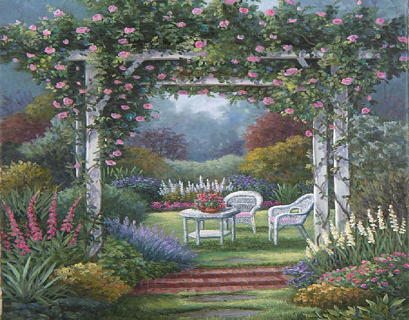 Archway with Roses, table, grass, roses, trees, flower arrangement ...