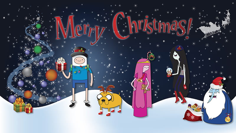 Adventure Time Christmas, ice king, adventure time, jake, princess bubblegum, marline, finn, HD wallpaper