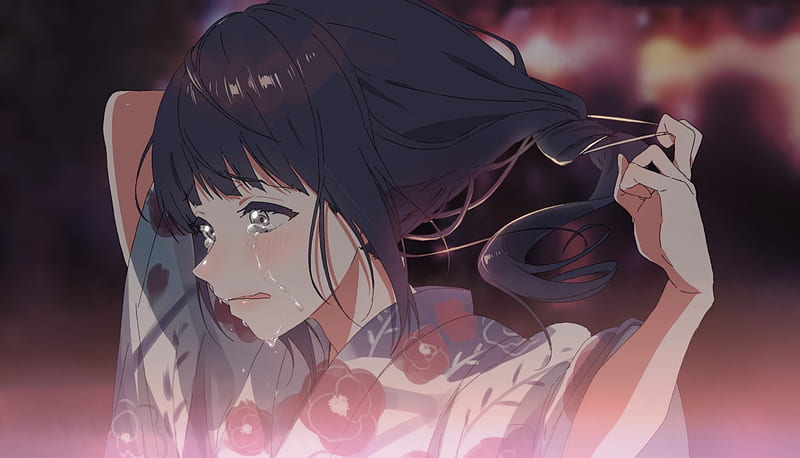 anime girl, crying, kimono, ponytail, tears, sadness, Anime, HD wallpaper