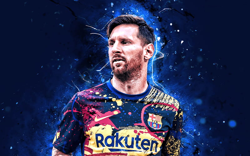 Lionel Messi, 2020, blue neon lights Barcelona FC, La Liga, new uniform, argentinian footballers, FCB, football stars, Messi, Leo Messi, Barca, soccer, LaLiga, Spain, HD wallpaper