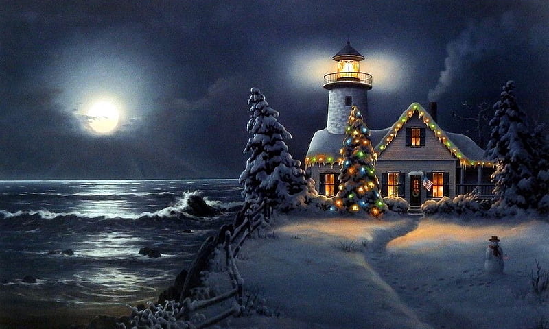 Christmas Decorated Lighthouse, christmas, holiday, ocean, decorations, Lighthouse, lights, sea, winter, moon, Snow, HD wallpaper
