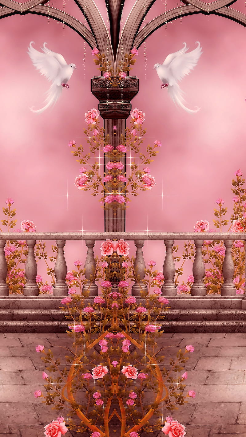 Fantasy , arch, pink, rose, artistic, columns, HD phone wallpaper