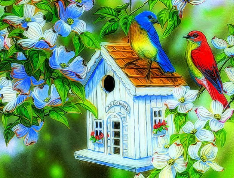 Casa de pájaro, árbol, nido, pintura, Flores, Obra de arte, de madera,  Fondo de pantalla HD | Peakpx