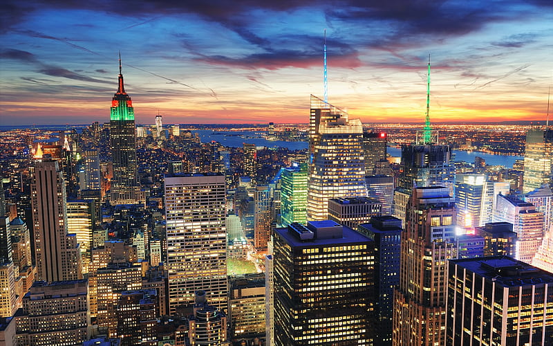 Manhattan New York, panorama, sunset, evening city, NY, USA, America, HD wallpaper