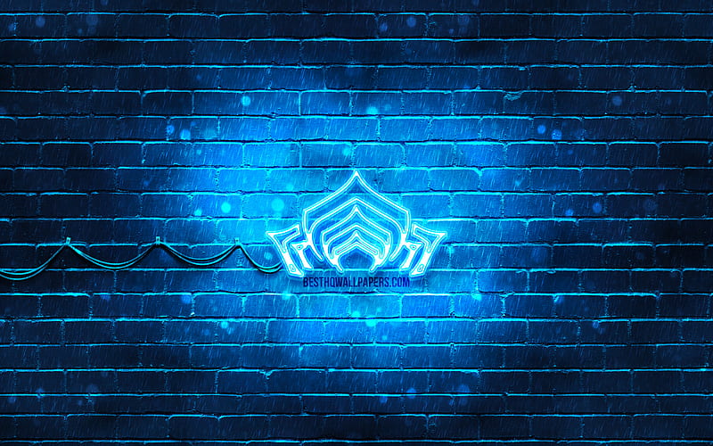 Warframe blue logo blue brickwall, artwork, Warframe logo, RPG, Warframe neon logo, Warframe, HD wallpaper