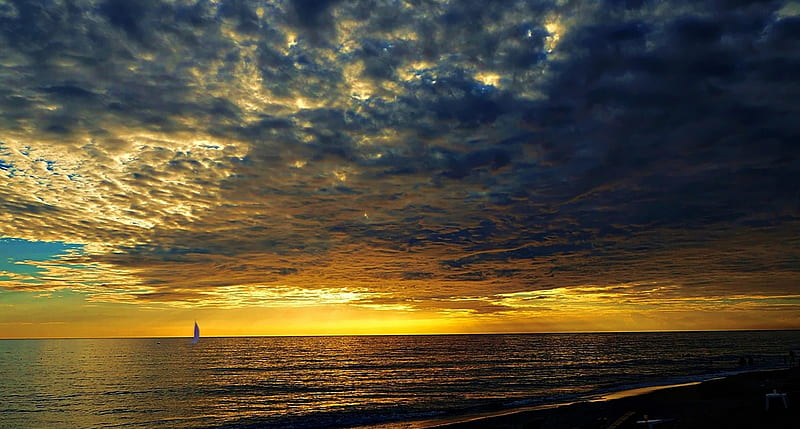 bonaparte gardenia, beach, sunsets, blue day, clouds, sea, HD wallpaper