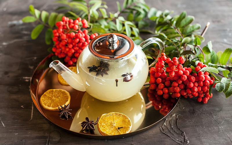 Tea and Rowanberries, rowanberries, lemons, tea, teapot, HD wallpaper