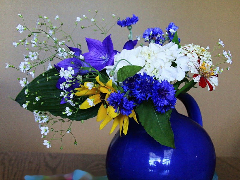 ~ SYMPHONY IN BLUE ~, bouquet, flowers, yellow, vase, blue, HD ...