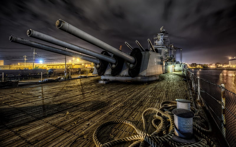cannons on a battleship r, cannons, ship, military, r, harbor, night, HD wallpaper