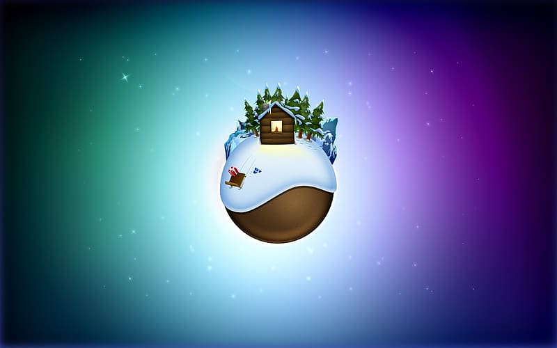 digital Art, Nature, Minimalism, Panoramic Sphere, Christmas, Winter, Snow, House, Trees, Mountain, Snowy Peak, Sleigh, Presents, Stars, Candles / and Mobile Background, HD wallpaper