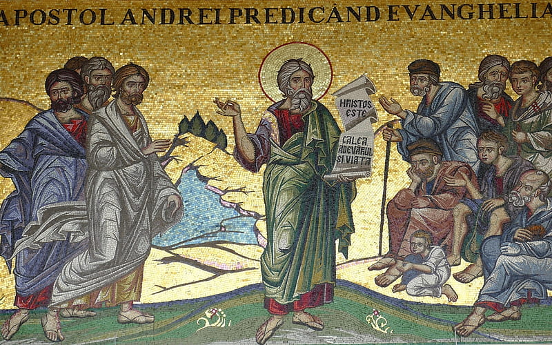 Apostle Andrew Preaching, preaching, Christianity, apostle, mosaic, saint, Romania, HD wallpaper