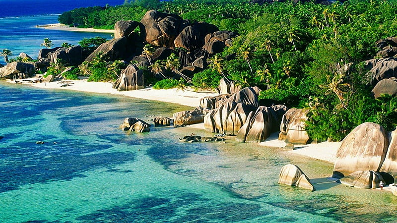 Anse Source d’Argent Beach, La Digue Island, rocks, islands, turquoise waters, ocean, trees, palms, beach, Seychelles, waterscape, pale pink sands, landscape, HD wallpaper
