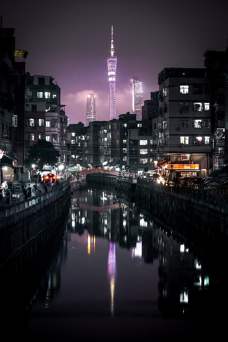 night city, buildings, canal, embankment, architecture, lights, reflection, HD phone wallpaper