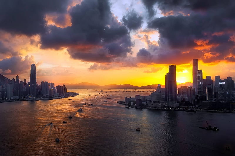 Hong Kong sunset, cool, Hong Kong, ocean, fun, nature, sunset, skyscrapers, HD wallpaper