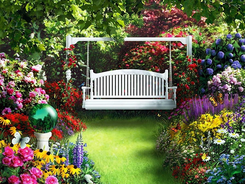 Nature Sings To Me, bench, birds, artwork, butterfly, swing, painting, blossoms, flowers, garden, HD wallpaper