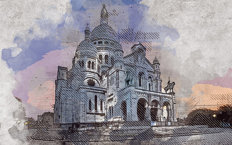 Sacre Coeur, Paris, Basilica of the Sacred Heart of Paris, France, grunge art, creative art, painted Sacre Coeur, drawing, Sacre Coeur grunge, digital art, HD wallpaper