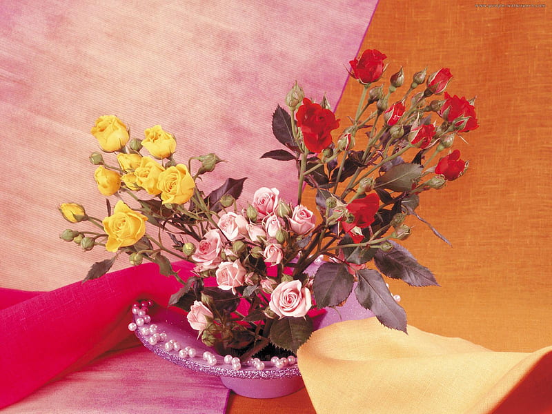 roses arrangement, red, bowle, yellow, arrangement, bonito, roses, pink, HD wallpaper