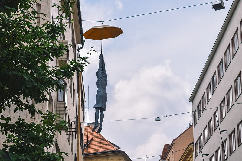 human statue hanging from an umbrella, HD wallpaper