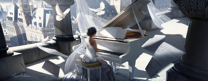 Girl playing piano, panjoool, white, piano, art, frumusete, luminos, instrument, fantasy, girl, bird, pasari, dove, HD wallpaper