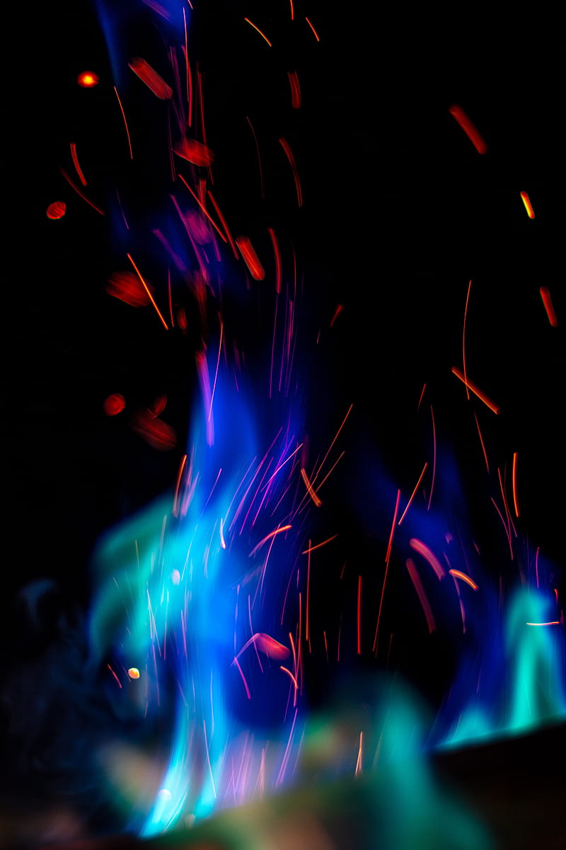 fire, sparks, flame, blue, abstraction, HD mobile wallpaper