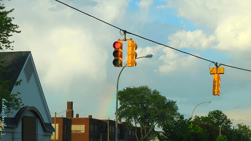 STOP! & Look at the Rainbow II, cloudy, stoplight, co1orful, co11ie, rainbow, clouds, rainbows, natura1, red light, cie1, Michigan, buildings, 1ight, trees, traffic lights, street lights, rain, blue sky, Traffic Signals nSigns, co1ors, HD wallpaper