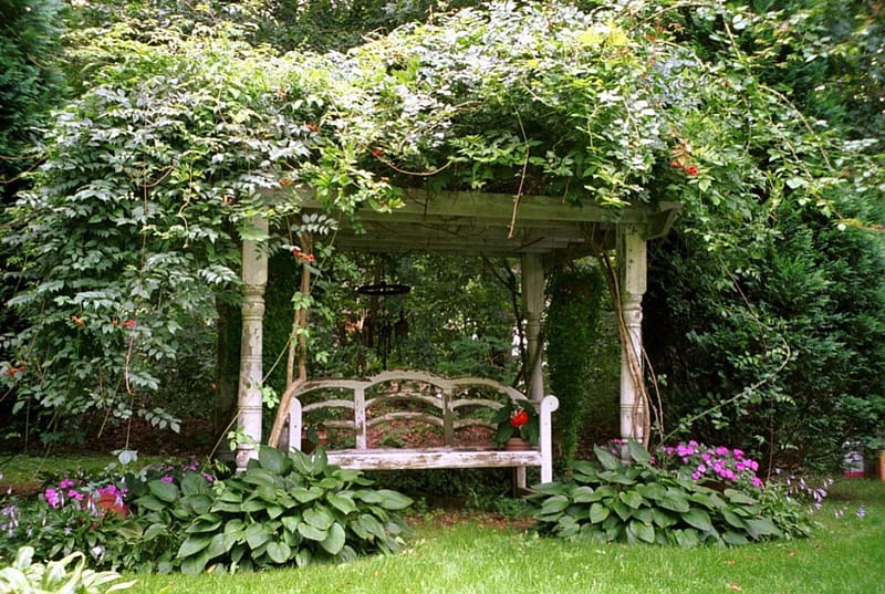 Garden Love seat, flowers, garden, love seat, climbing vines, trees, HD wallpaper