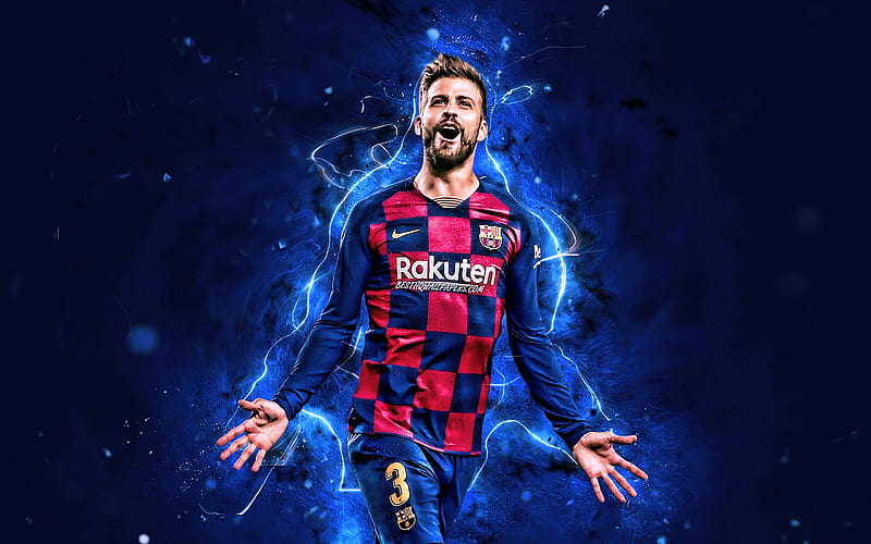 Gerard Pique, 2019, Barcelona FC, spanish footballers, goal, La Liga, Gerard Pique Bernabeu, Barca, football, neon lights, soccer, LaLiga, Spain, HD wallpaper