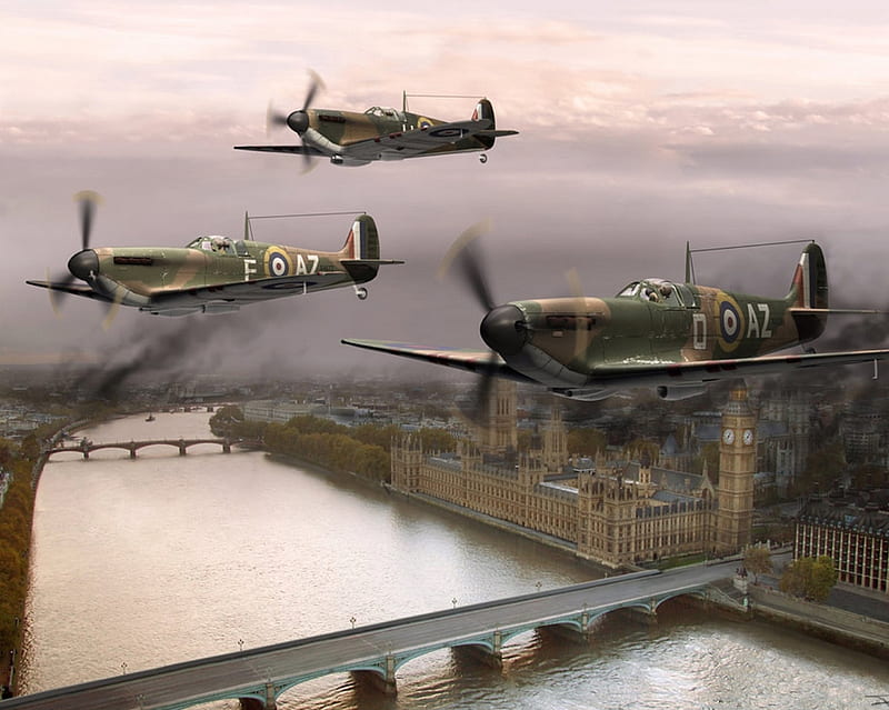 Spitfires Over London, thames, guerra, ww2, flight, planes, water, london, westminster bridge, parliament, military, river, big ben, spitfire, HD wallpaper