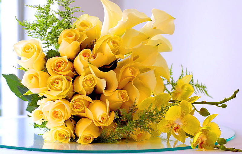 Calas & Roses, rose, lilies, yellow, bonito, roses, calas, green, flowers, arrangement, HD wallpaper