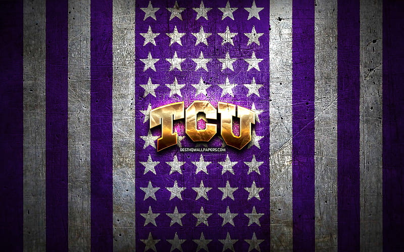 TCU Horned Frogs flag, NCAA, violet white metal background, american football team, TCU Horned Frogs logo, USA, american football, golden logo, TCU Horned Frogs, HD wallpaper